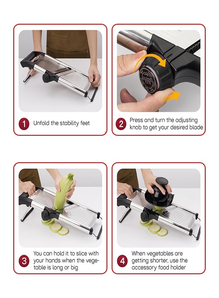 غوغا قطّاعة ماندولين قابلة للتعديل للمطبخ من الستانلس ستيل، قطّاعة طعام وقطّاعة خضار للخيار والبطاطس والملفوف والجزر والبصل، قطاعه بطاطس، مع فرشاة تنظيف ودافع طعام، سهلة الاستخدام والتنظيف - Image 5